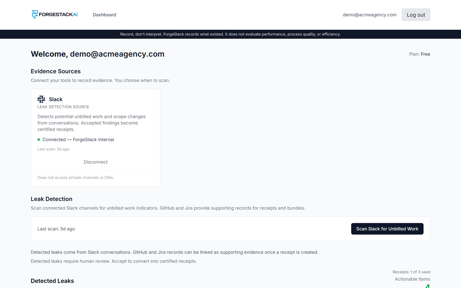 ForgeStack dashboard showing detected scope leaks