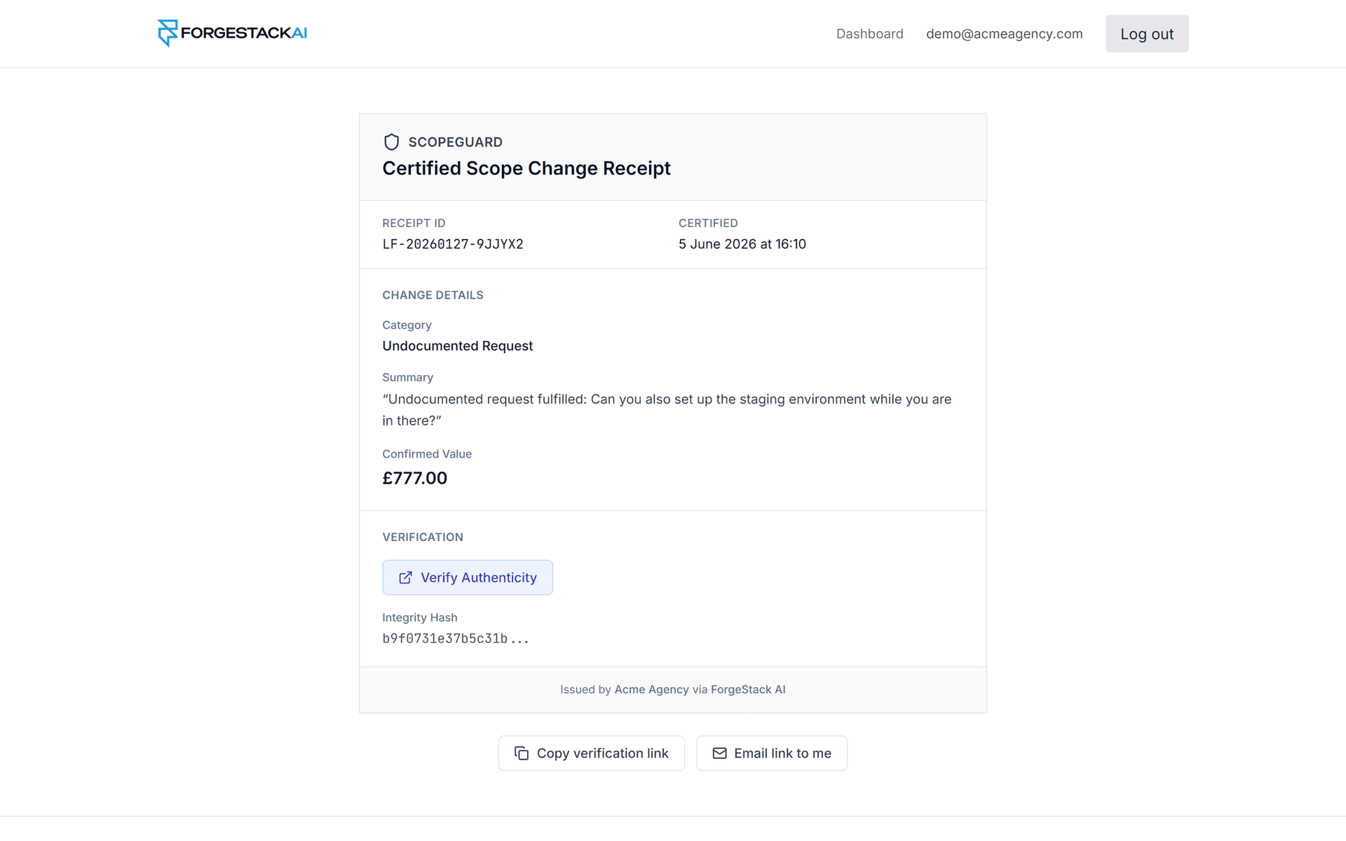 Certified scope change receipt showing user-confirmed £360 price