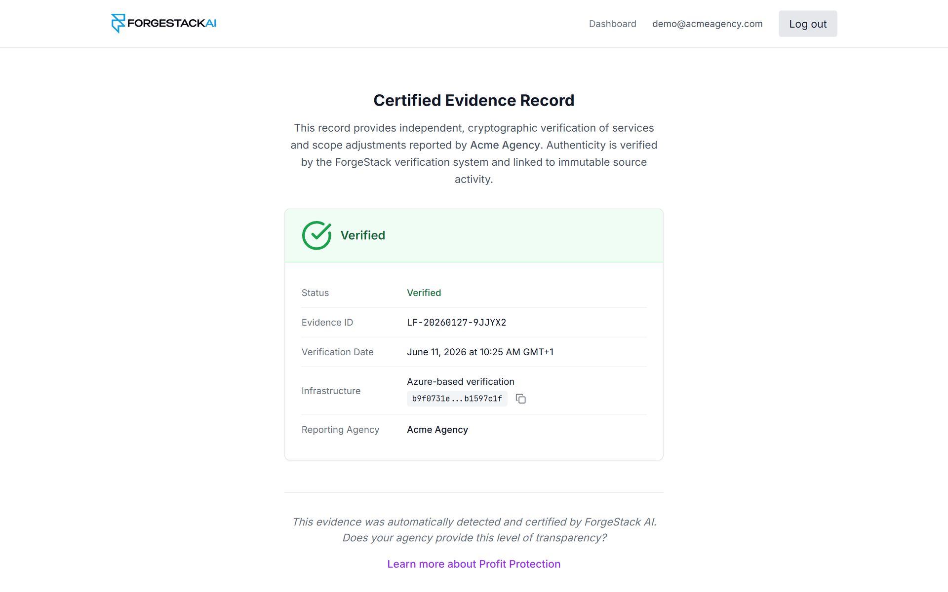 Public verification page showing certified evidence record